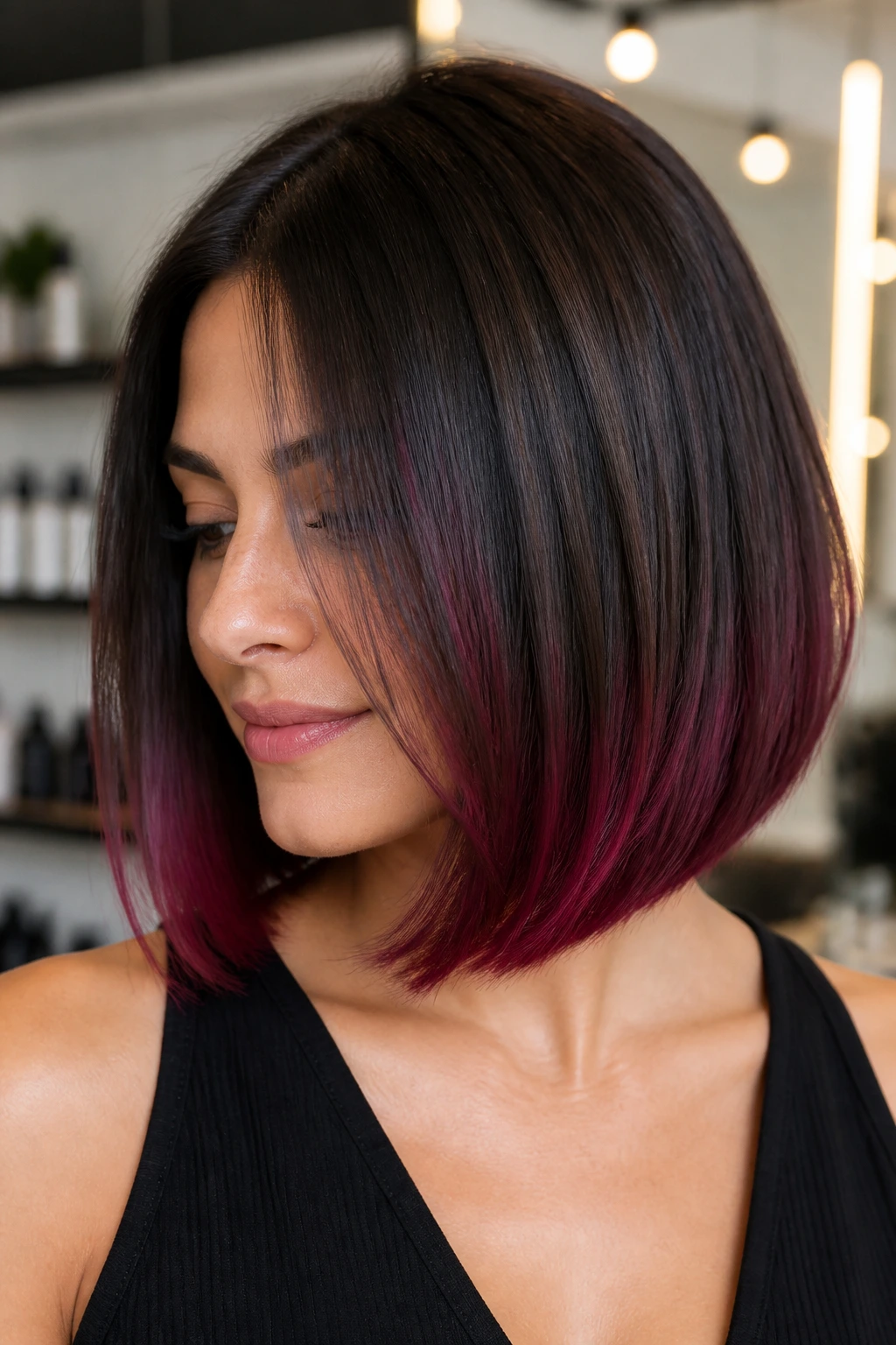 Close-up of a real woman with a lob/bob and red-violet tip ends