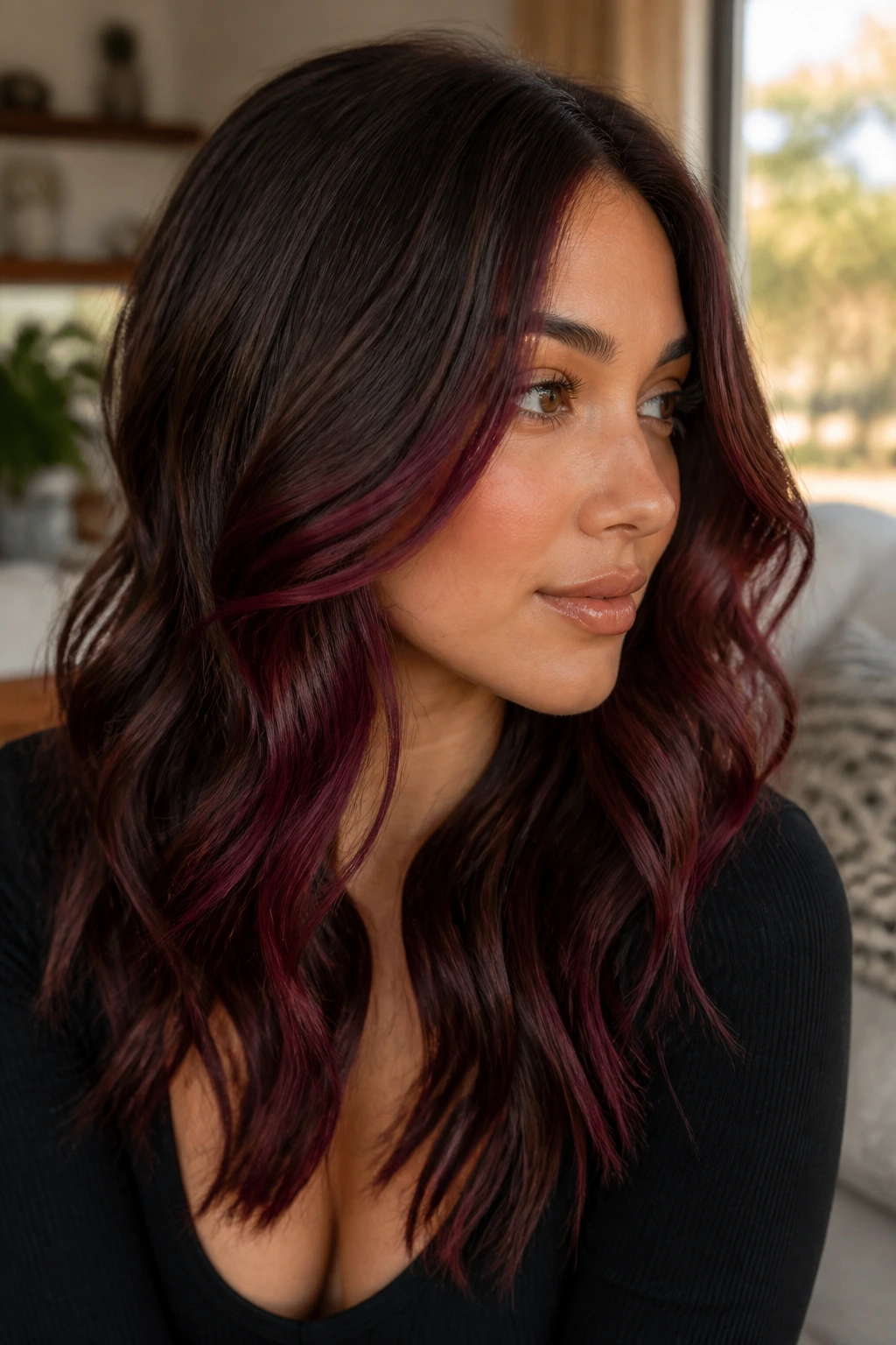 Portrait of a woman with red wine contour balayage framing the jawline