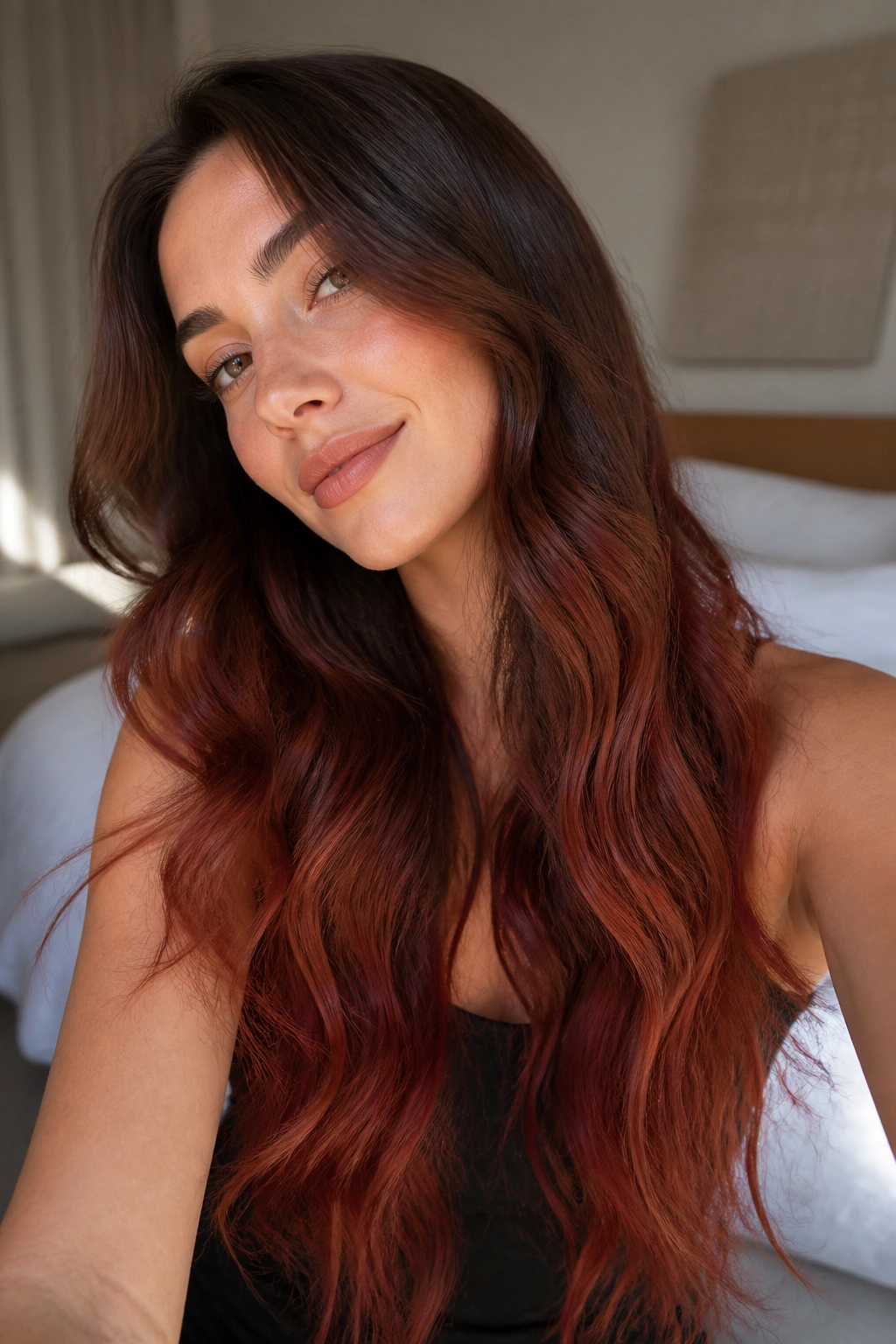 Close-up of a real person with long hair showing a brown crown fading to redwood ends in soft waves