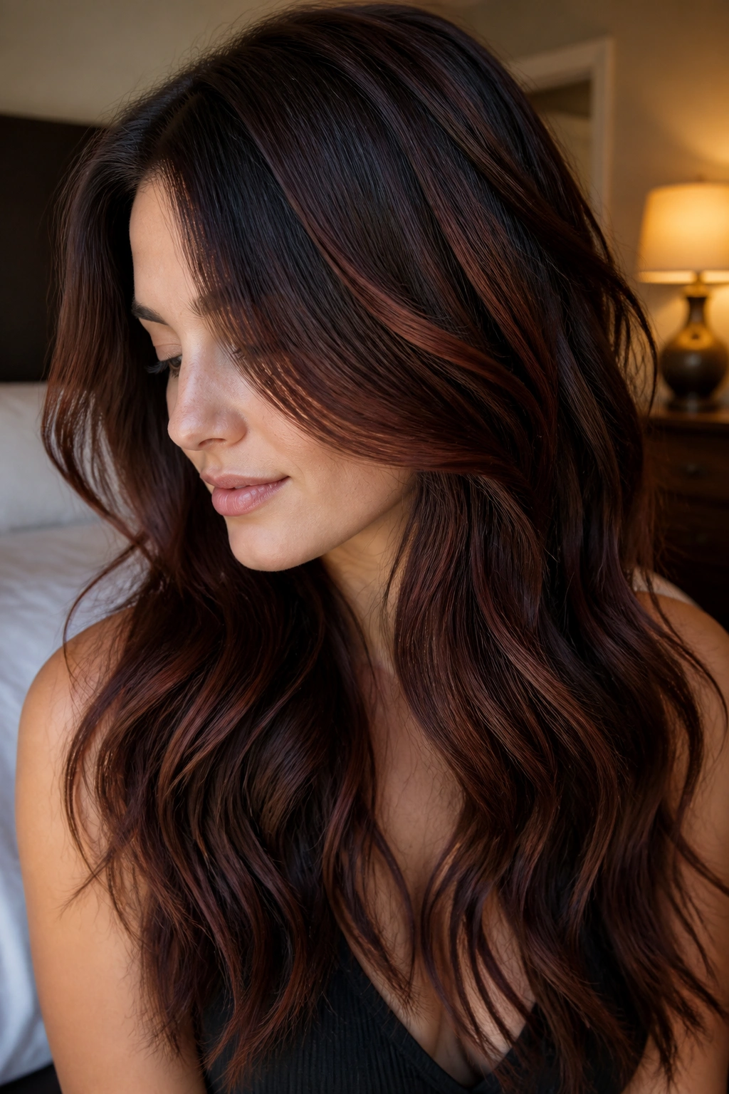 Sable brown hair with redwood lowlights in close-up