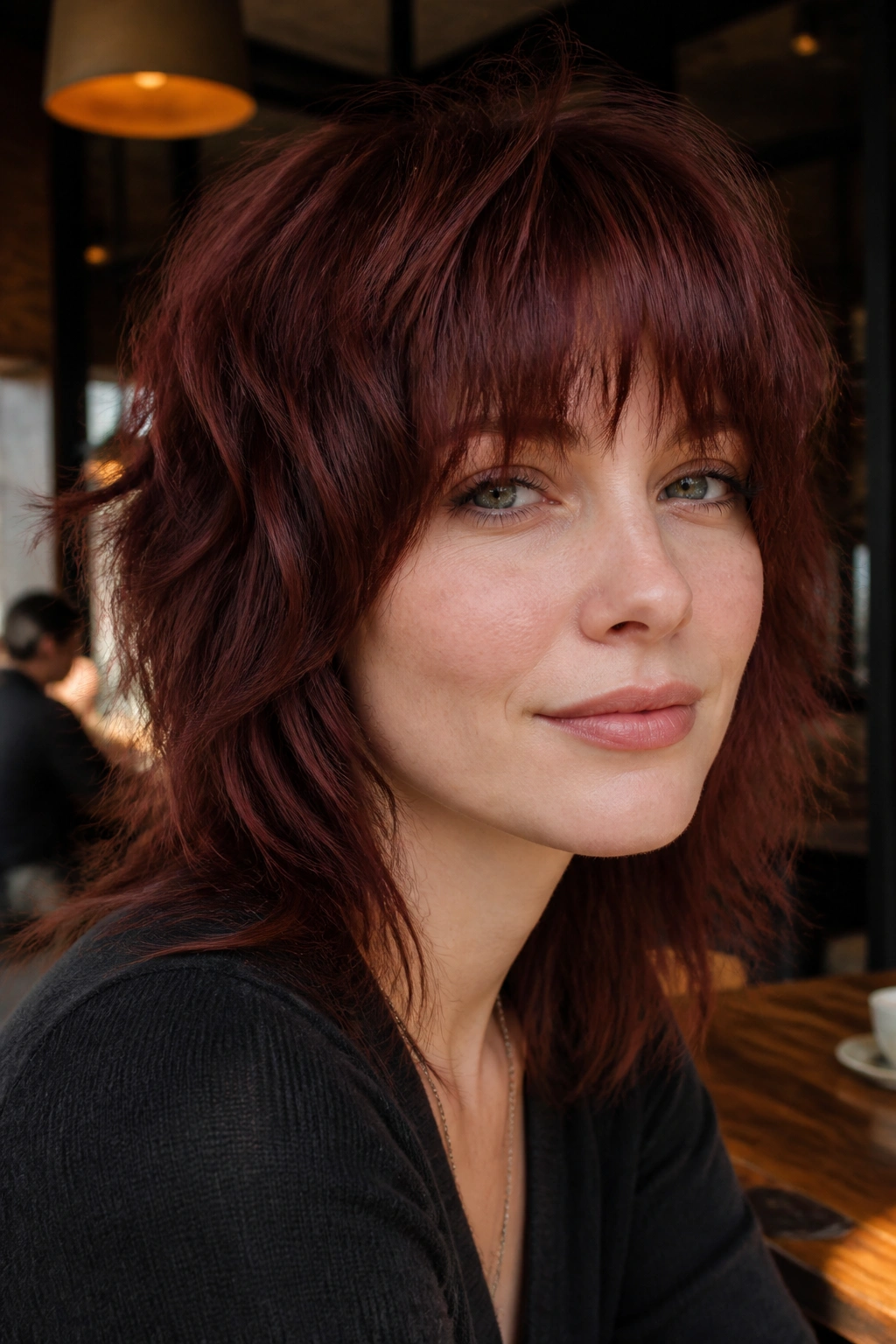Close-up of a real woman with redwood mahogany shag hairstyle.
