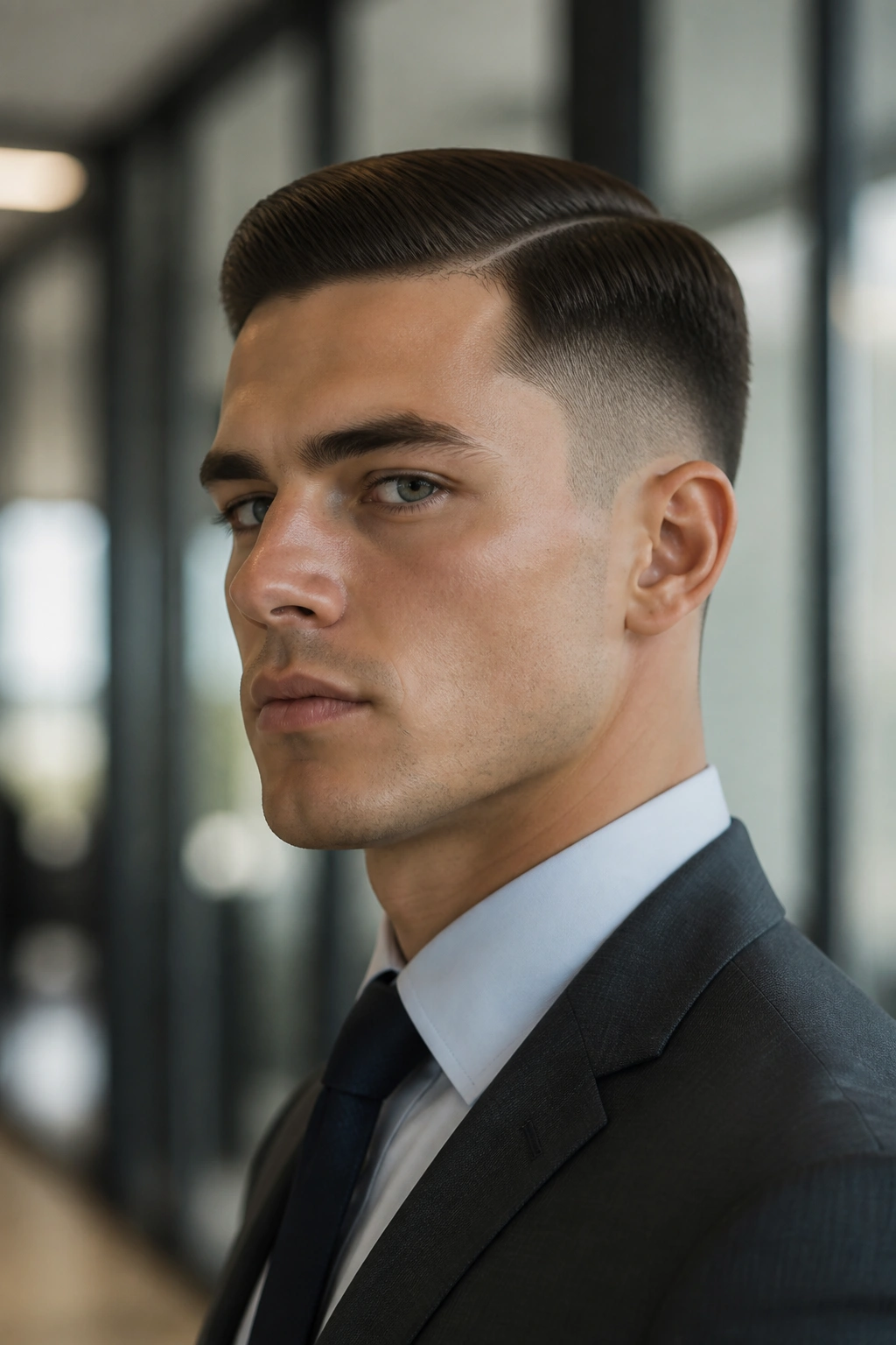 Close-up portrait of a man with a Regulation Cut, crisp tapered sides and flat top in office lighting