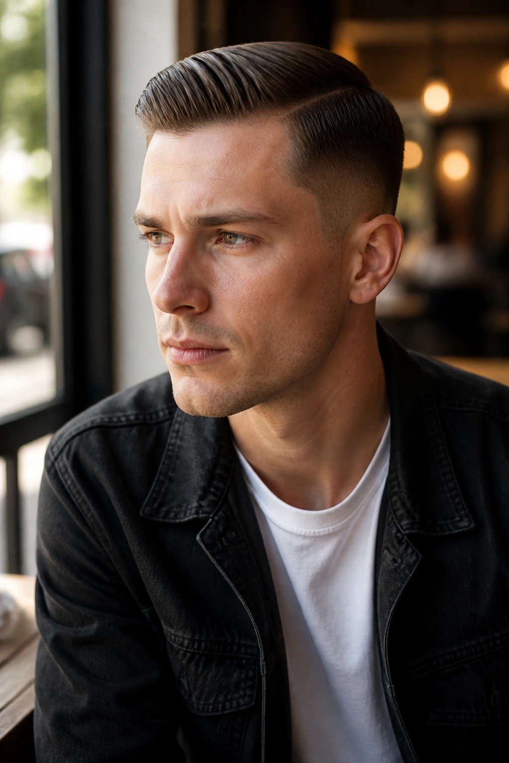 Close-to-medium close-up of Regulation Cut with tidy side part and clean taper.