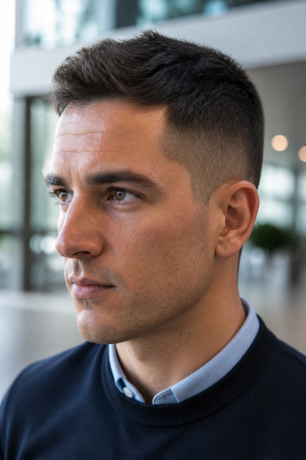 Close-up portrait of a real man with a regulation cut and textured top in a modern office lobby