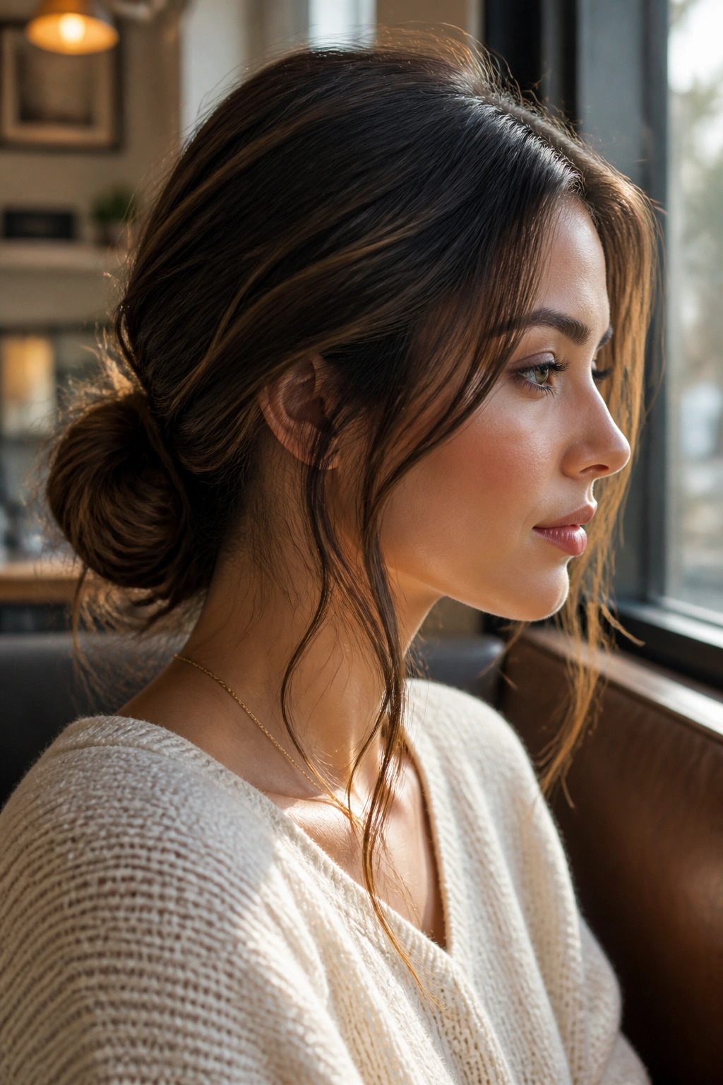 Close-up portrait of a real woman with a relaxed low bun and face-framing pieces in warm light