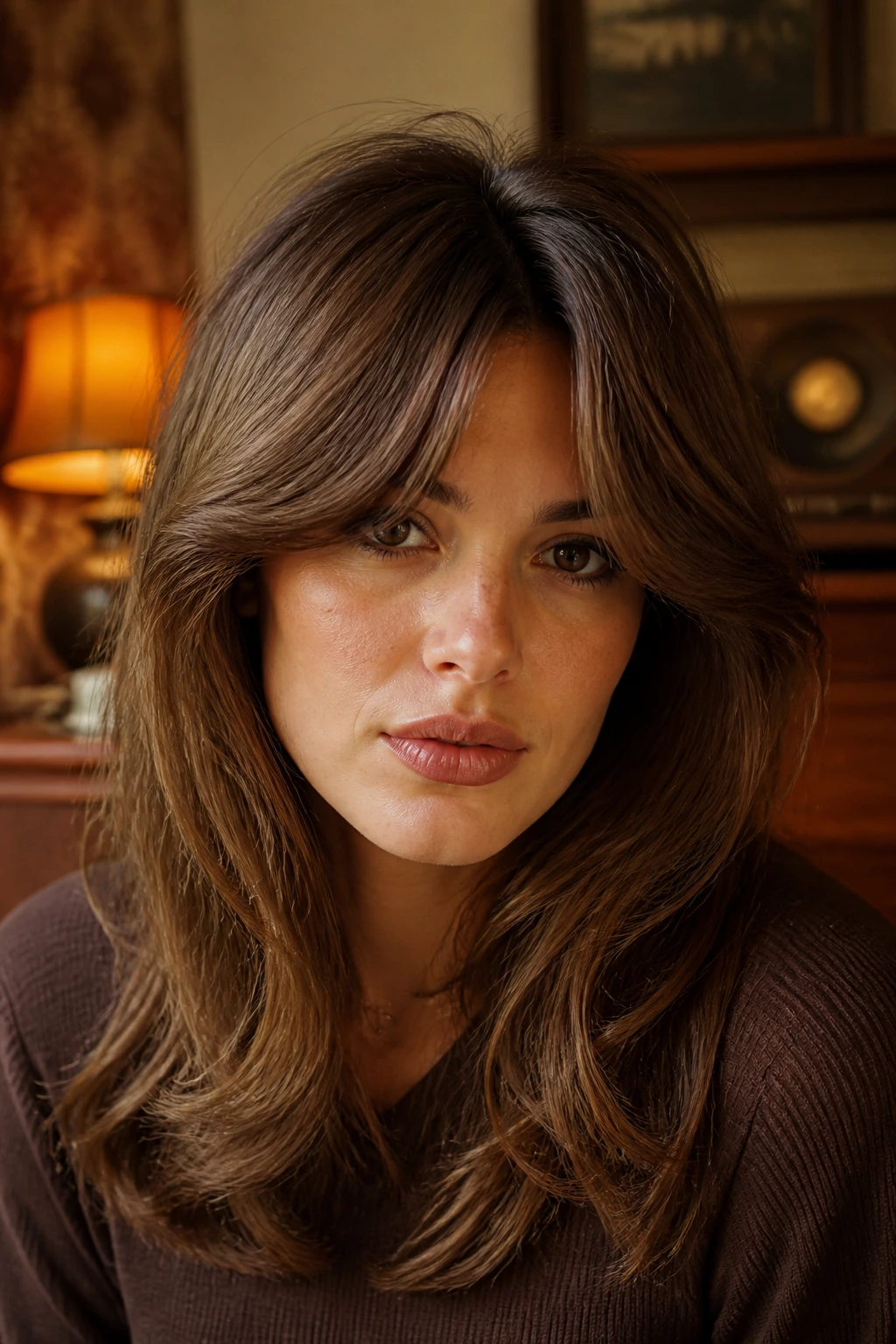 Close-up of a real woman with long retro Bardot bangs, middle part, root lift