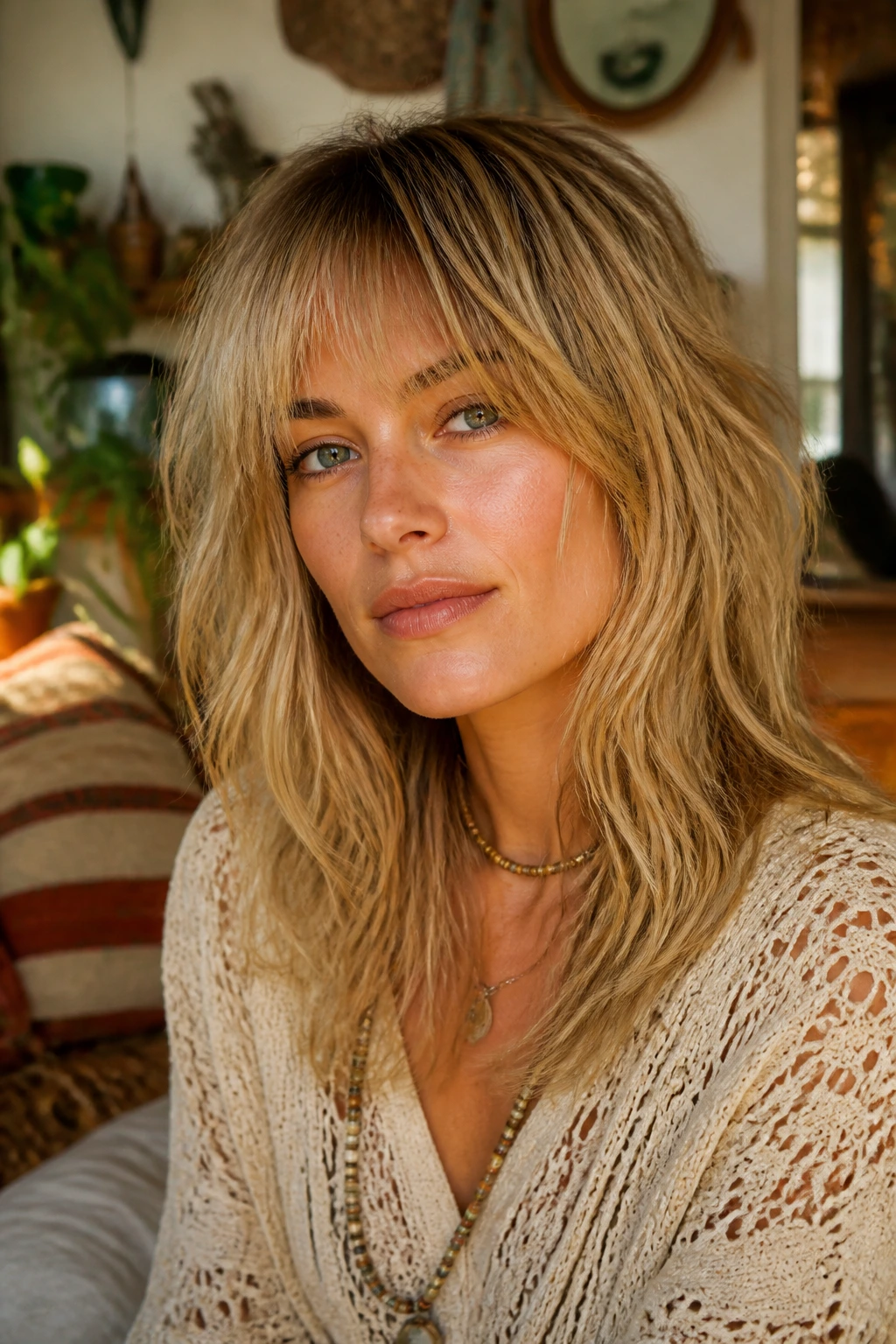 Close-up of a real woman with retro 70s boho shag and soft fringe