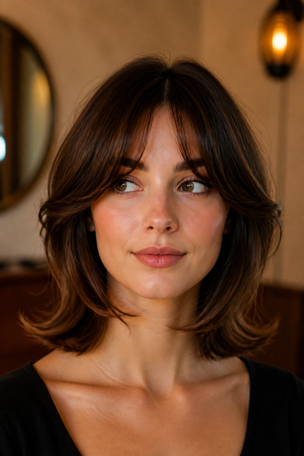 Real woman with retro curtain bangs and a soft outward flip in warm lighting