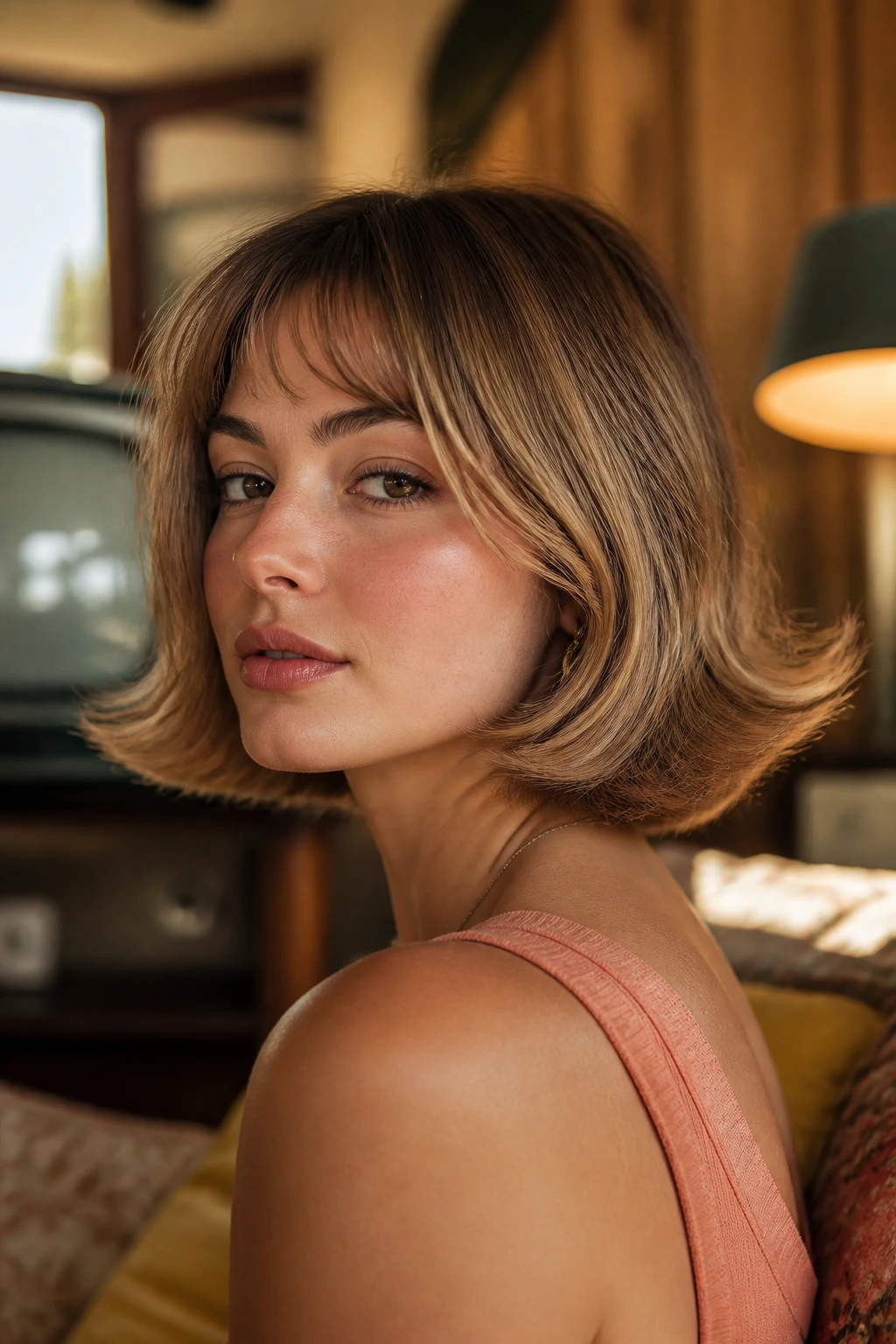 Close-up of a real woman with a retro flip bob hairstyle