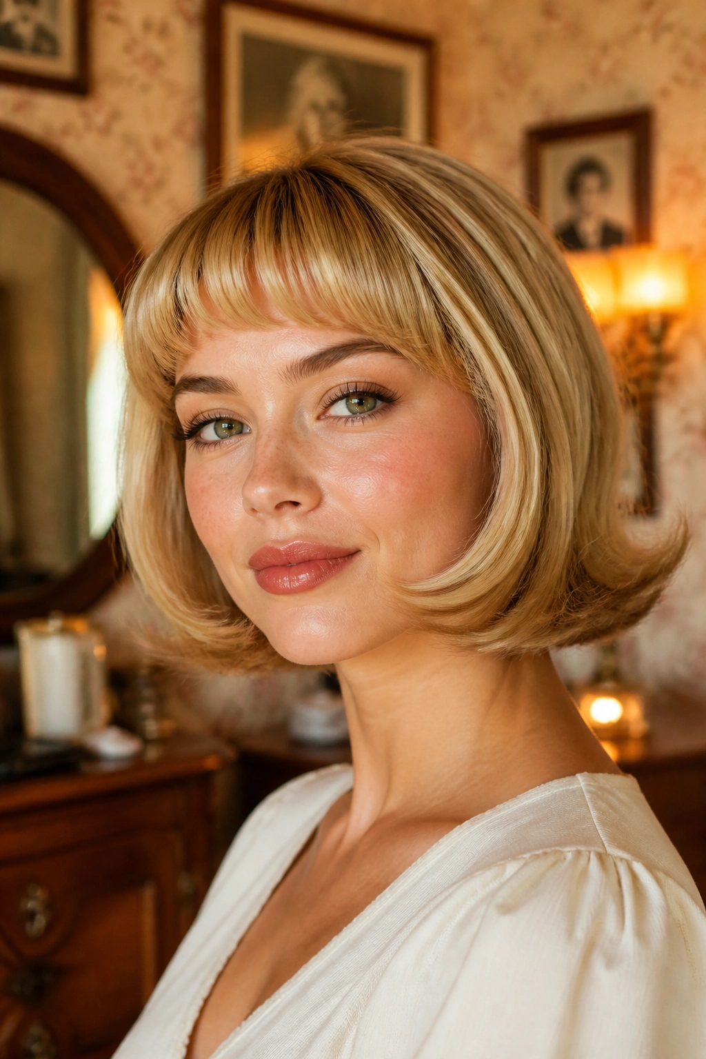 Woman with retro flipped bob and arched fringe in a vintage-style room