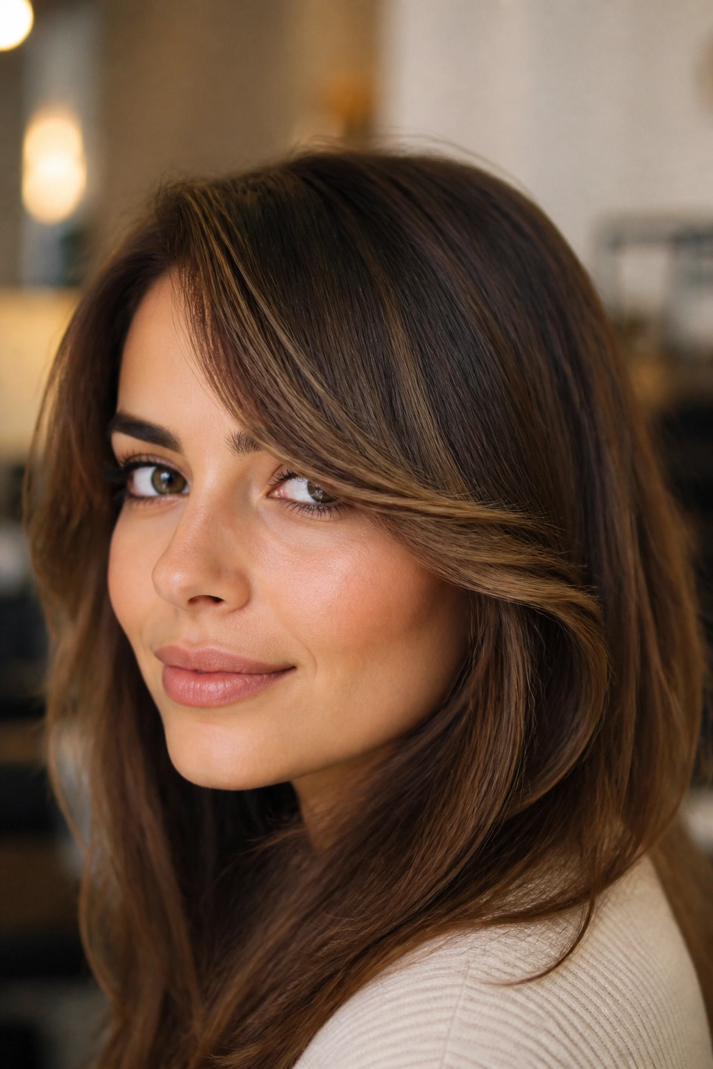 Portrait of a woman with a soft retro side fringe bent finish