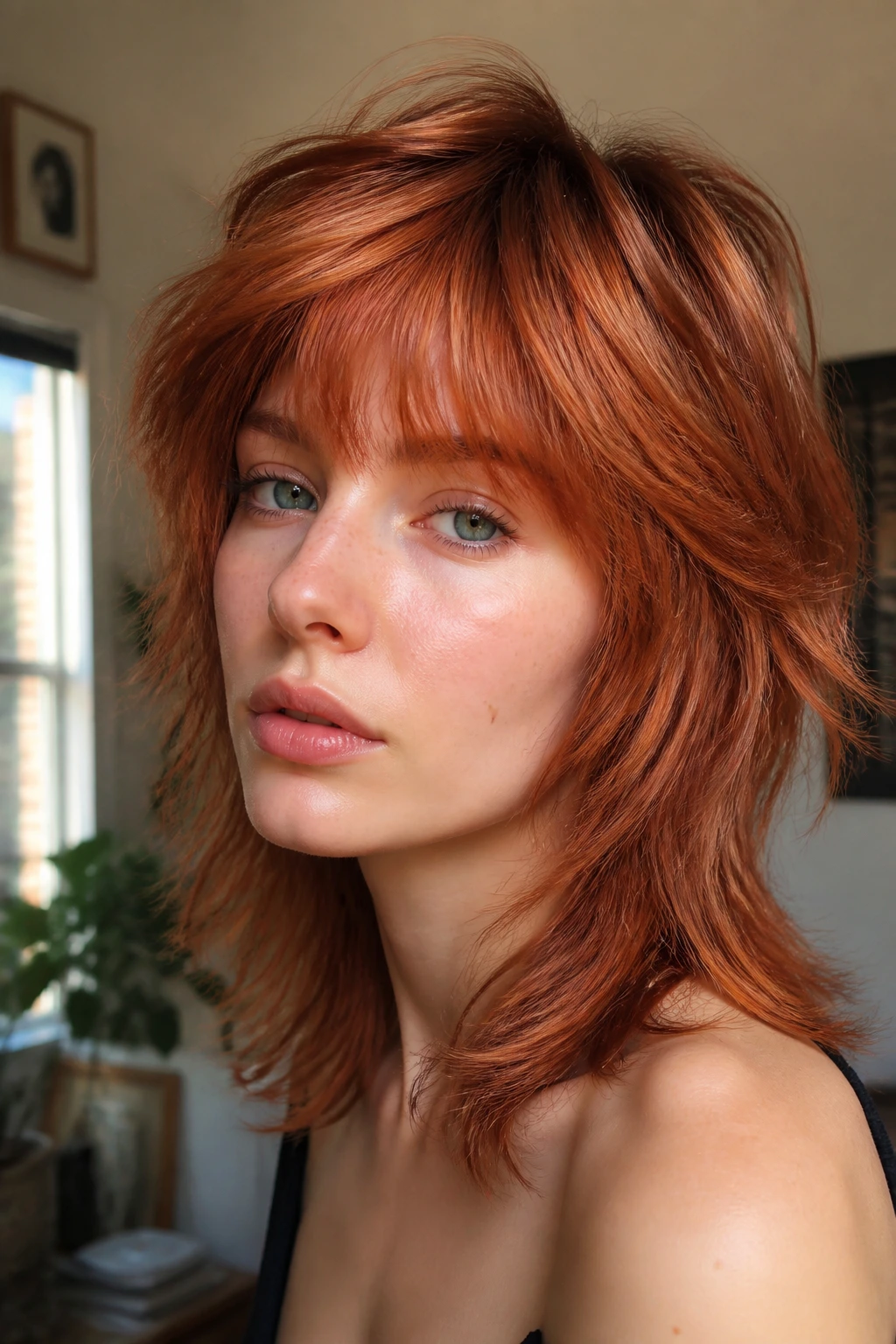 Close-up of real person with retro penny copper shag