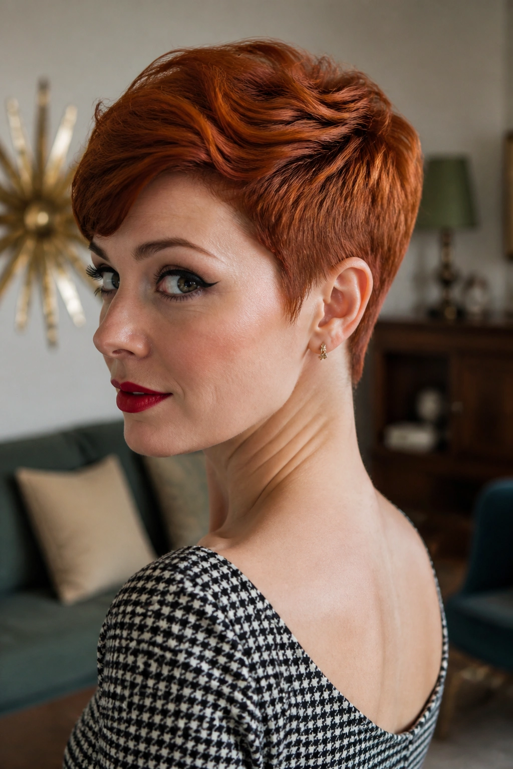 Close-up portrait of a woman with retro-inspired red pixie and tapered neckline