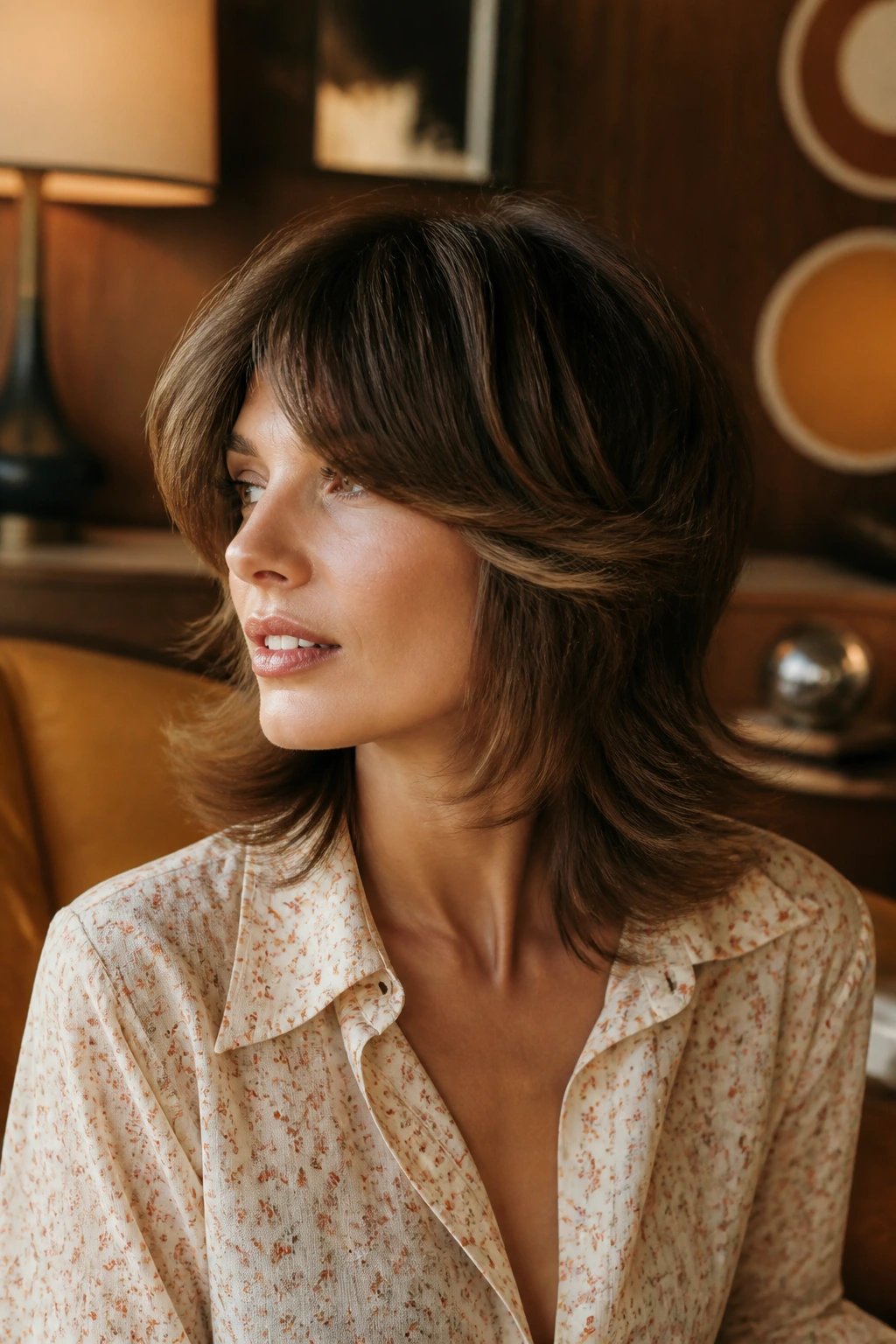 Portrait of a real woman with retro shag lob featuring feathered crown layers and flipped ends in warm vintage setting.