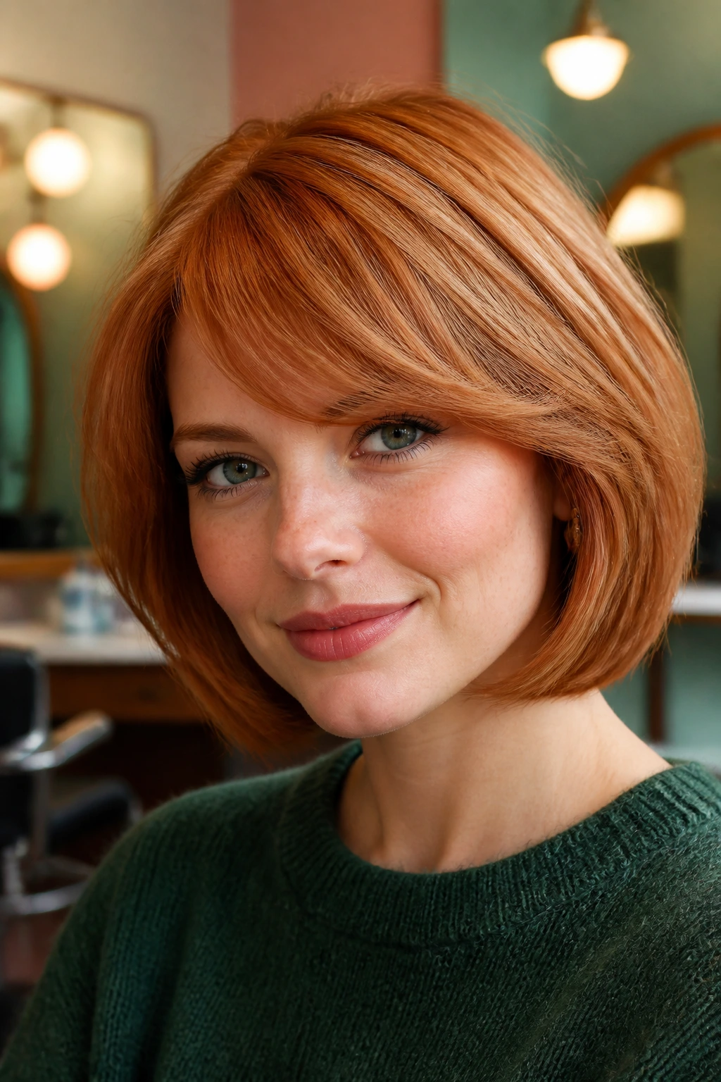 Close-up of a real woman with swoopy side bangs on a retro strawberry bob
