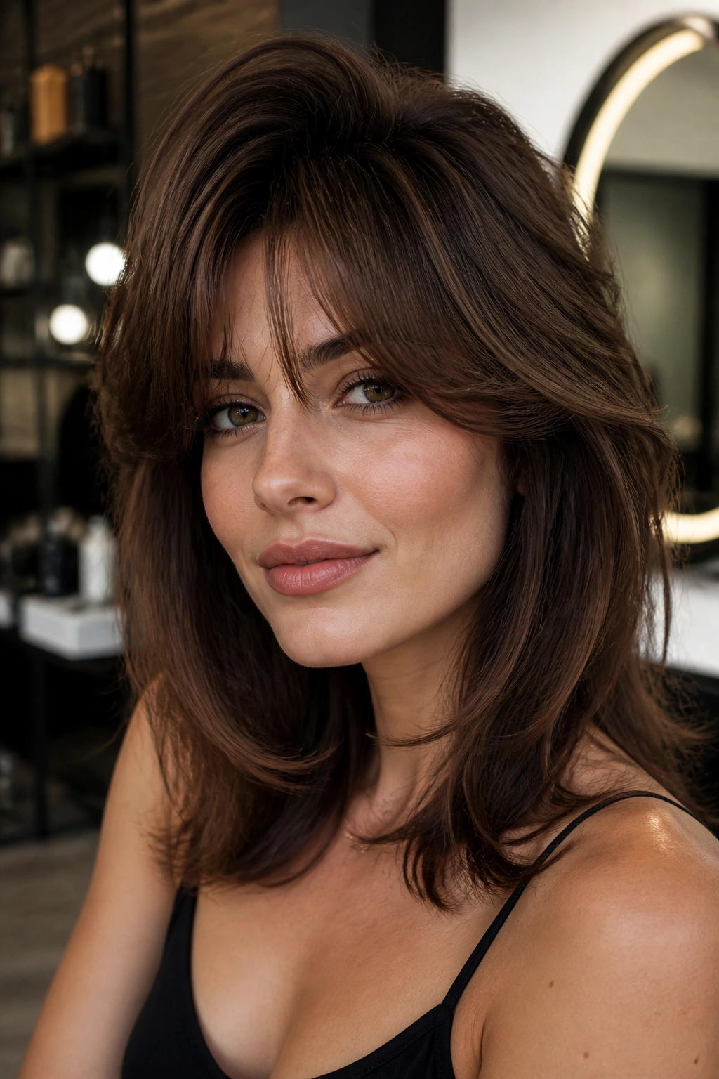 Close-up of a real woman with dramatic retro volume fringe