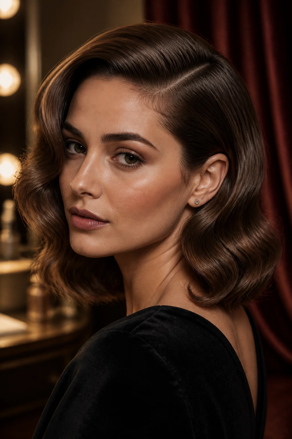 Portrait of a woman with a deep side part and retro wave lob.