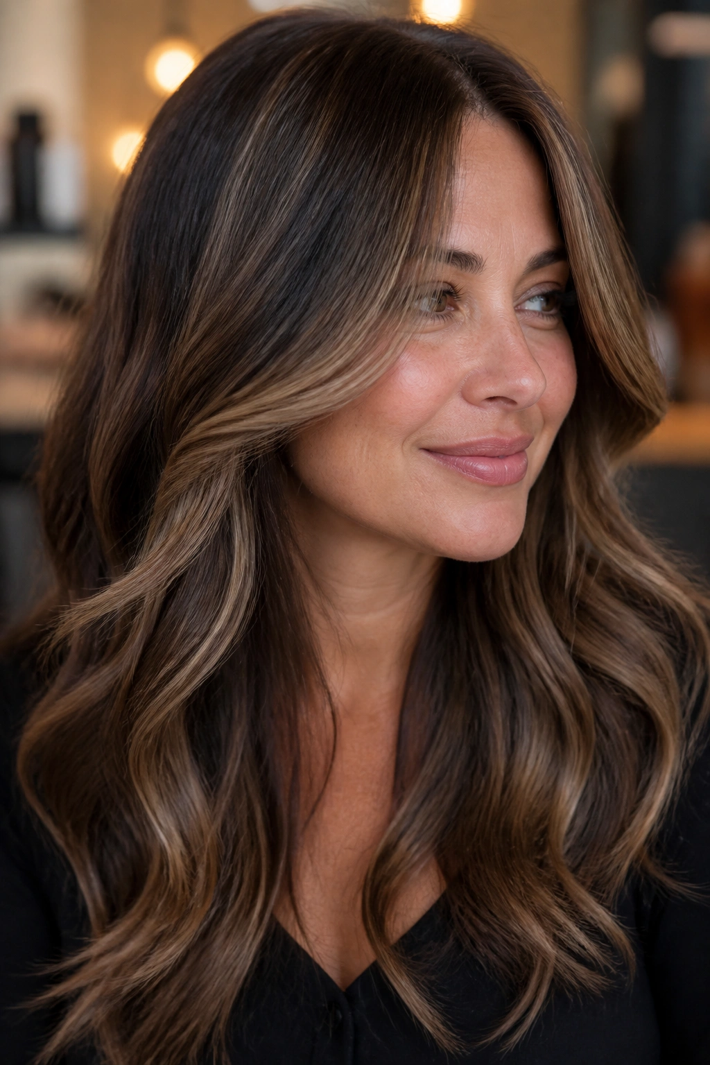 Close-up of a real woman with reverse balayage featuring darker ribbons in lighter brunette hair