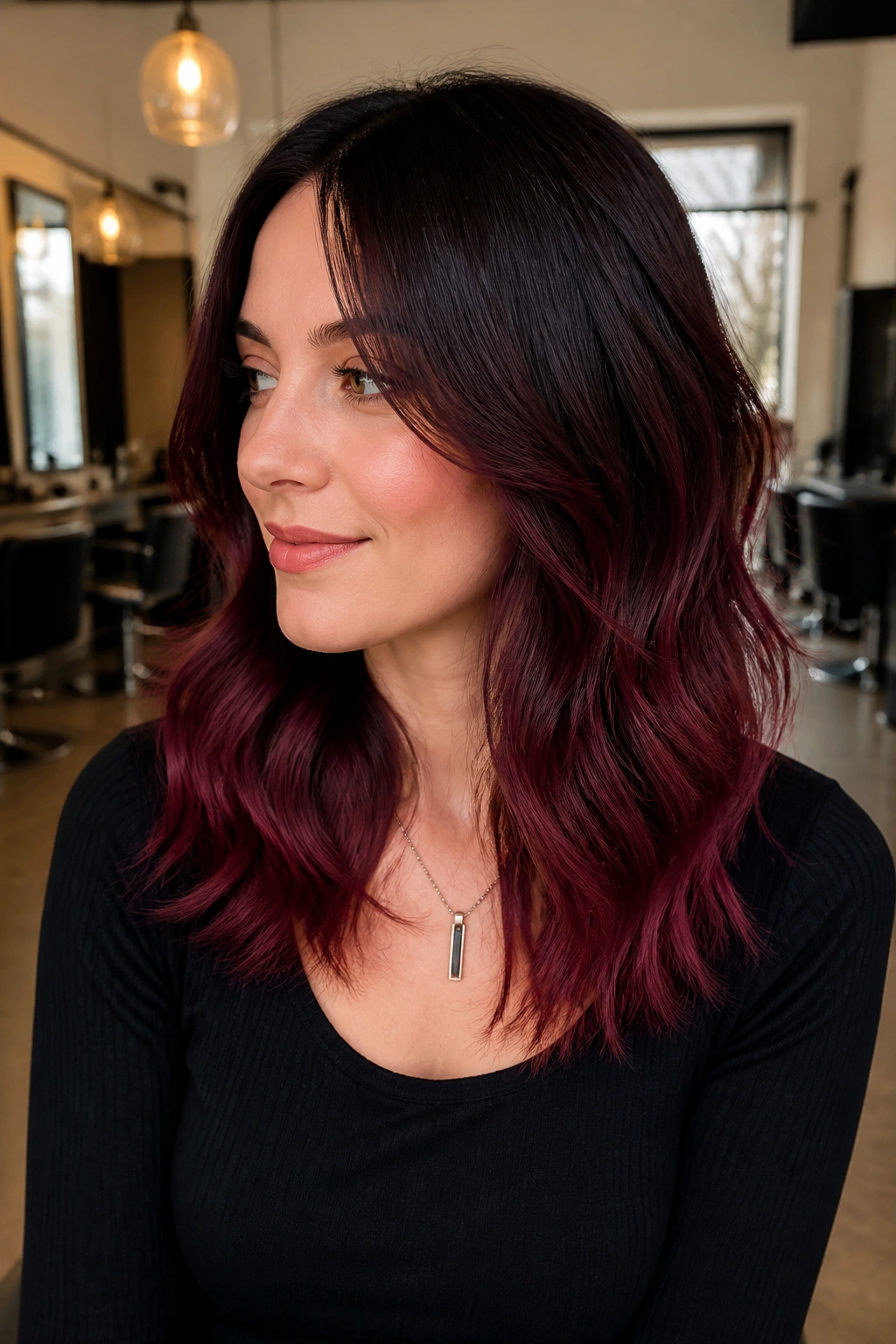 Real woman with reverse balayage burgundy ends and dark crown in natural light.