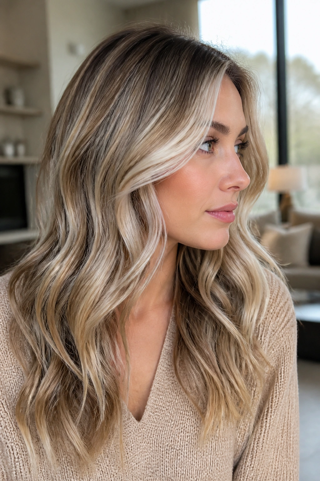 Close-up portrait of a real woman with reverse balayage champagne hair.