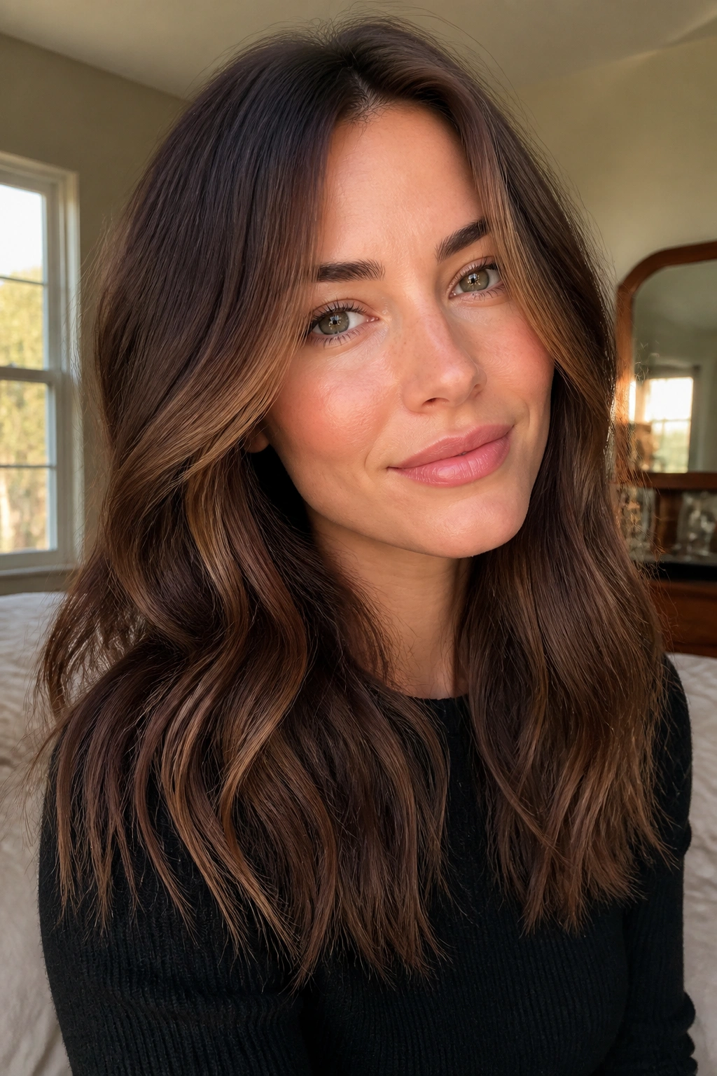 Close-up of a real woman with reverse balayage chestnut color and darker ends