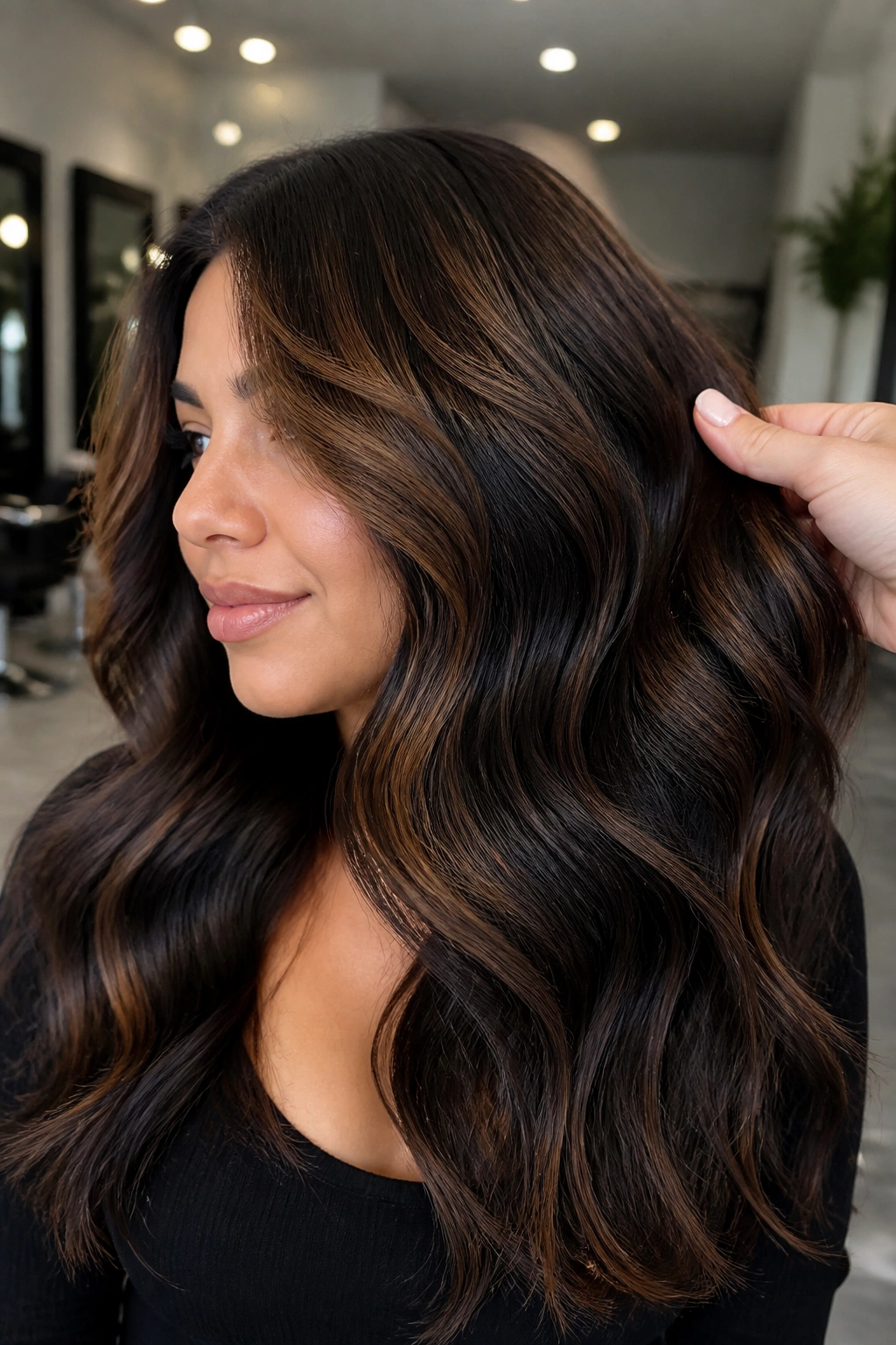 Hair with black depth under lighter brown top in reverse balayage on a real person