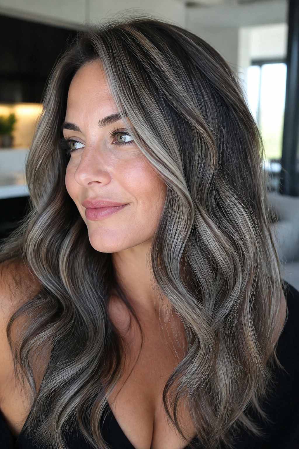 Close-up of brunette with reverse grey balayage around lighter sections.