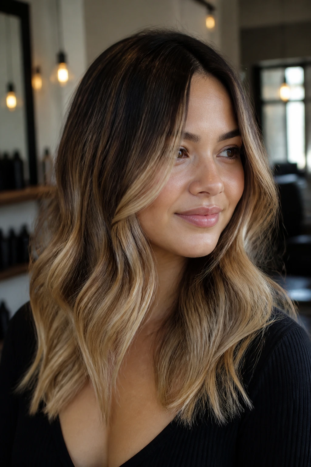 Close-up of a real woman's head showing reverse balayage with dark roots and blonde ends
