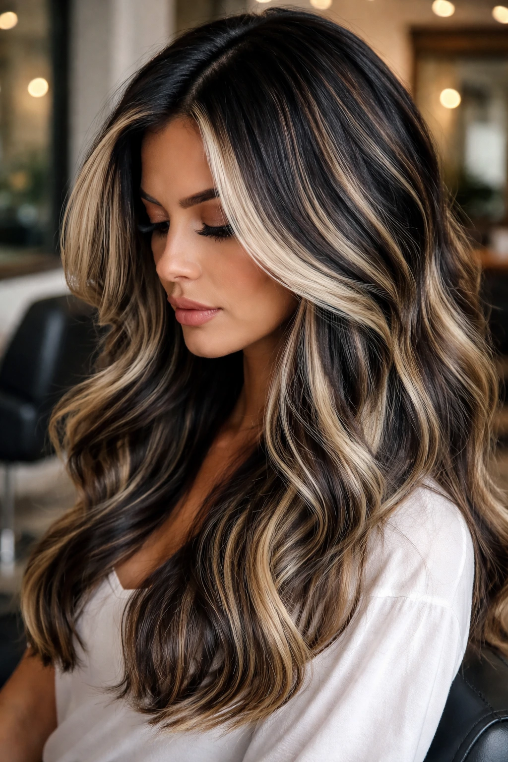 Close-up of a real woman's head with reverse balayage showing black lowlights with blonde highlights.
