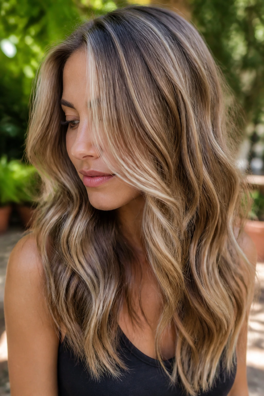 Close-up of a real woman with reverse balayage dark ribbons on lightened wavy hair.
