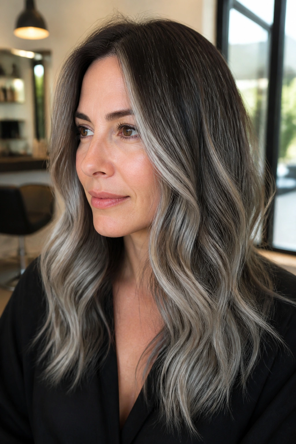 Close-up of reverse balayage with silver lows on a real person.