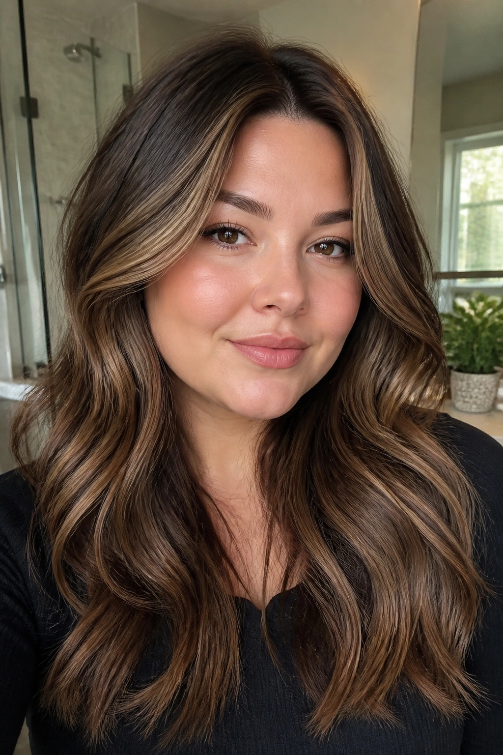 Close-up of reverse balayage emphasizing a slimmer cheek area