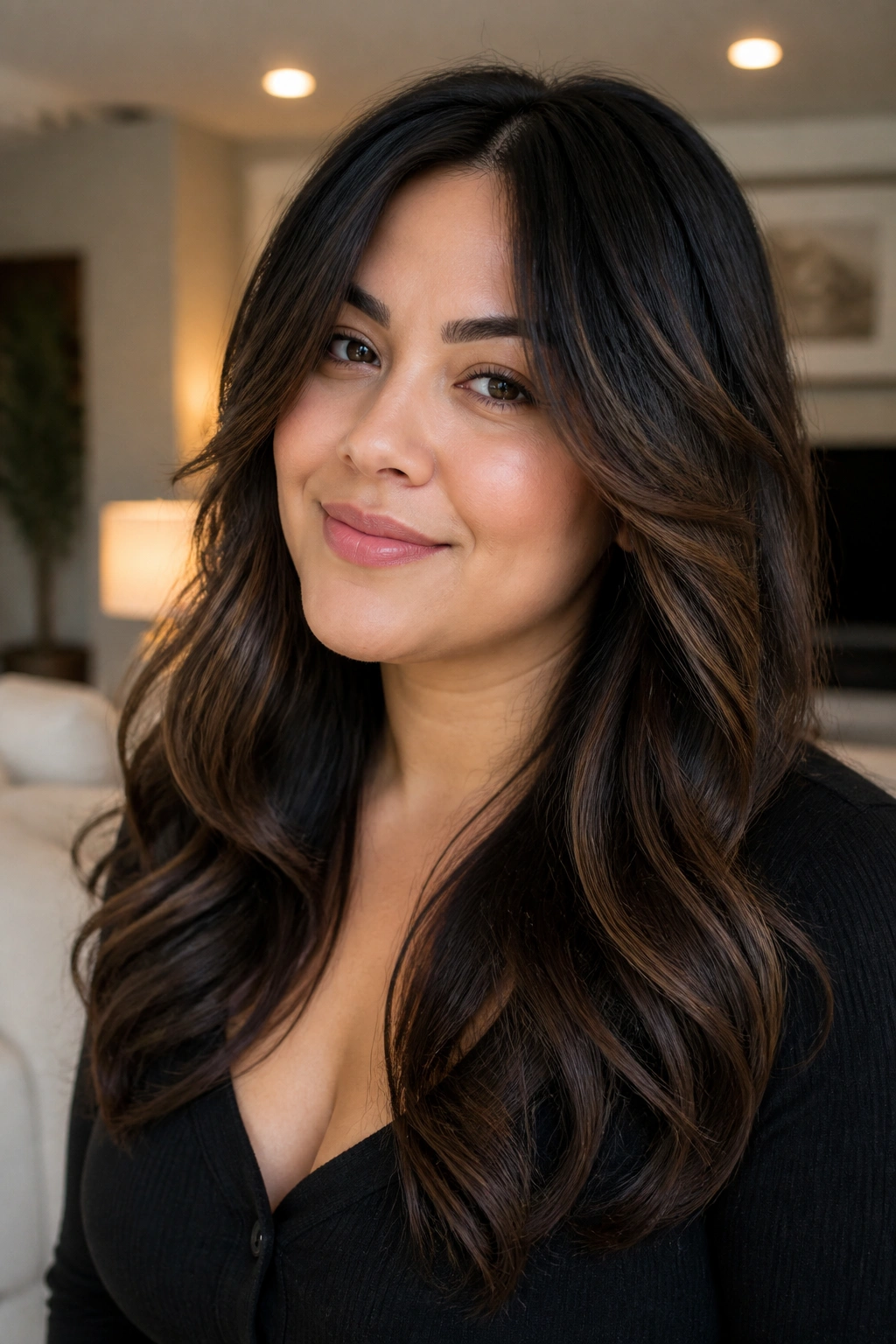 Portrait of a woman with reverse balayage darker front and brunette ribbons