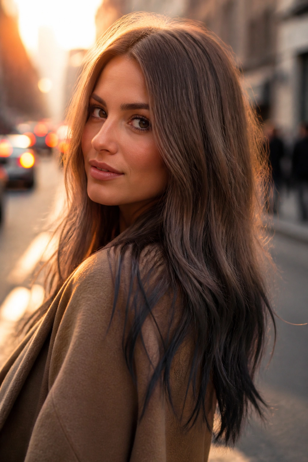 Close-up of a real woman with reverse brown ombre and darker ends