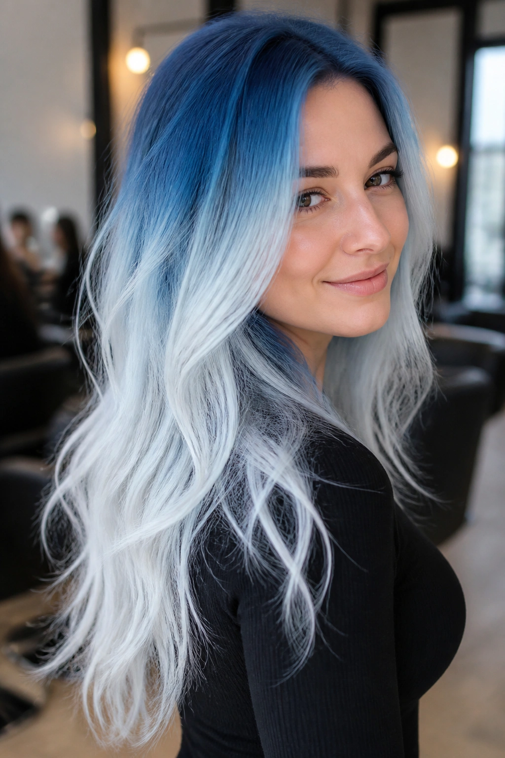 Close-up portrait of a real woman with reverse ombre hair smoky blue to white ends