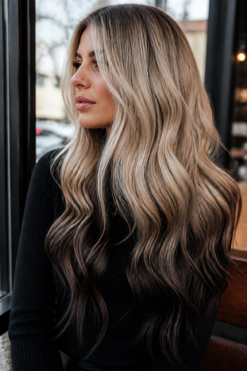 Close-up of reverse ombre with dark ends on long hair on a real woman