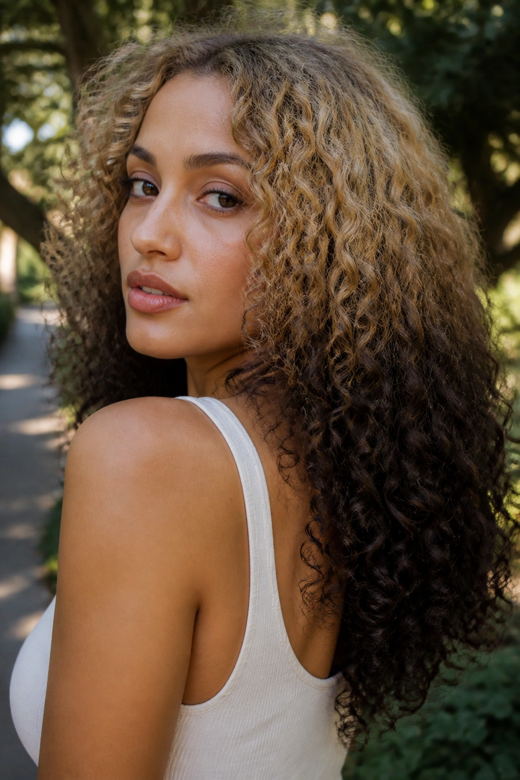 Close-up of real woman with reverse ombre and dark ends on curls