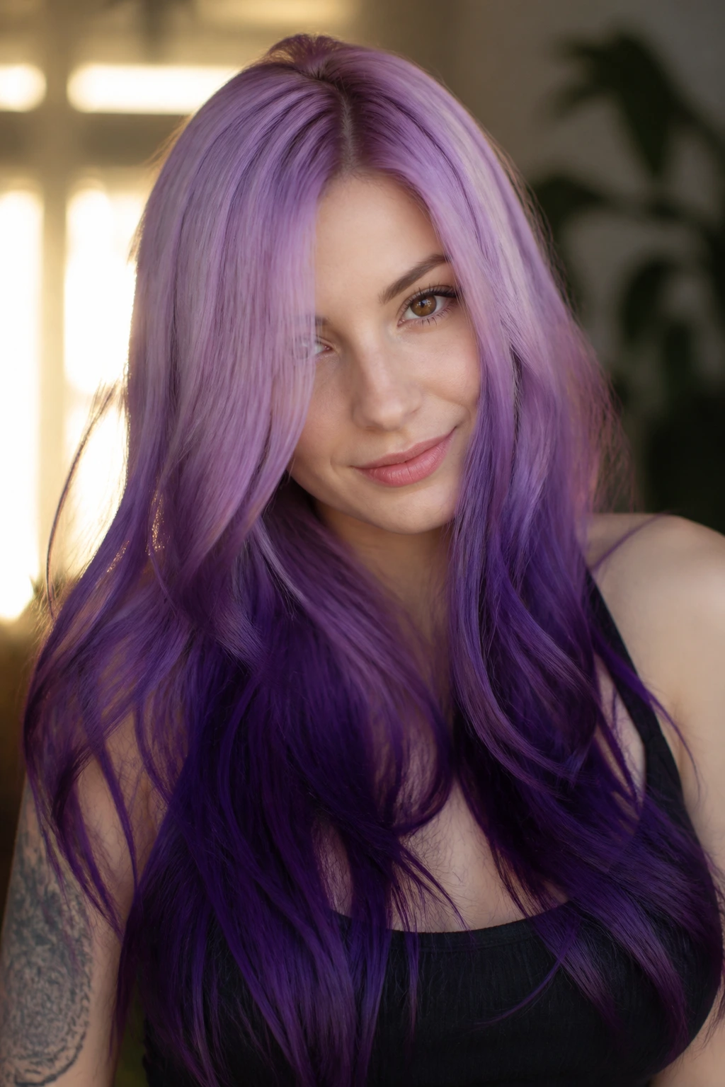 Close-up portrait of a real person with reverse ombre transitioning from light crown to darker ends