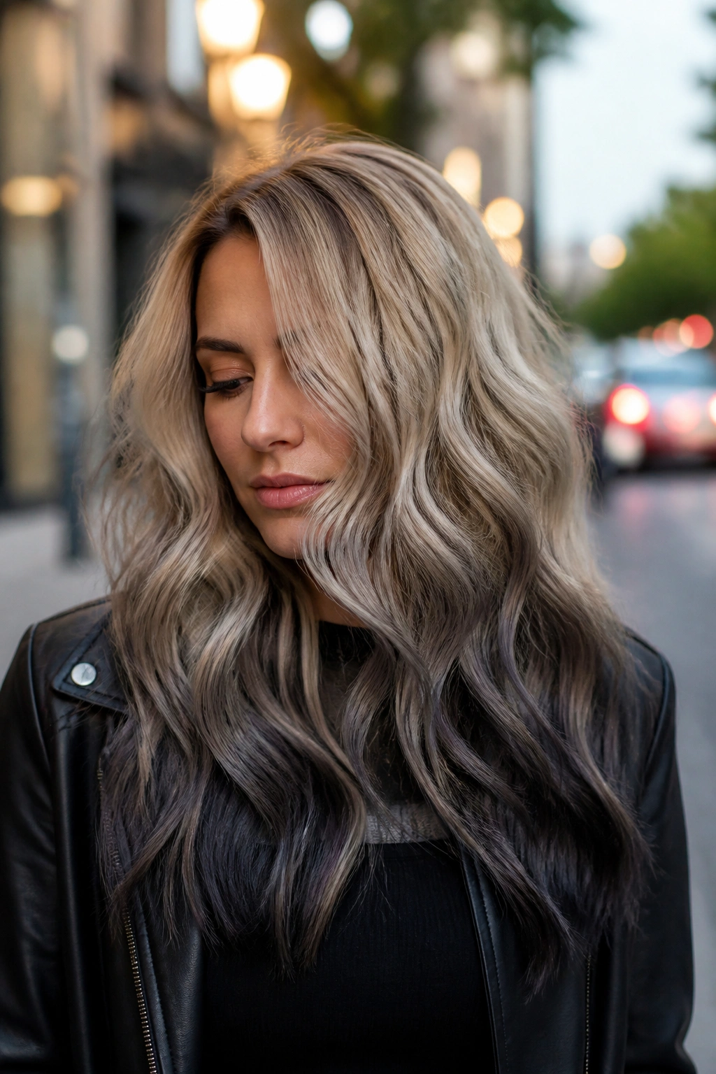 Close-up of real woman with reverse ombre and smoky ends on long wavy hair