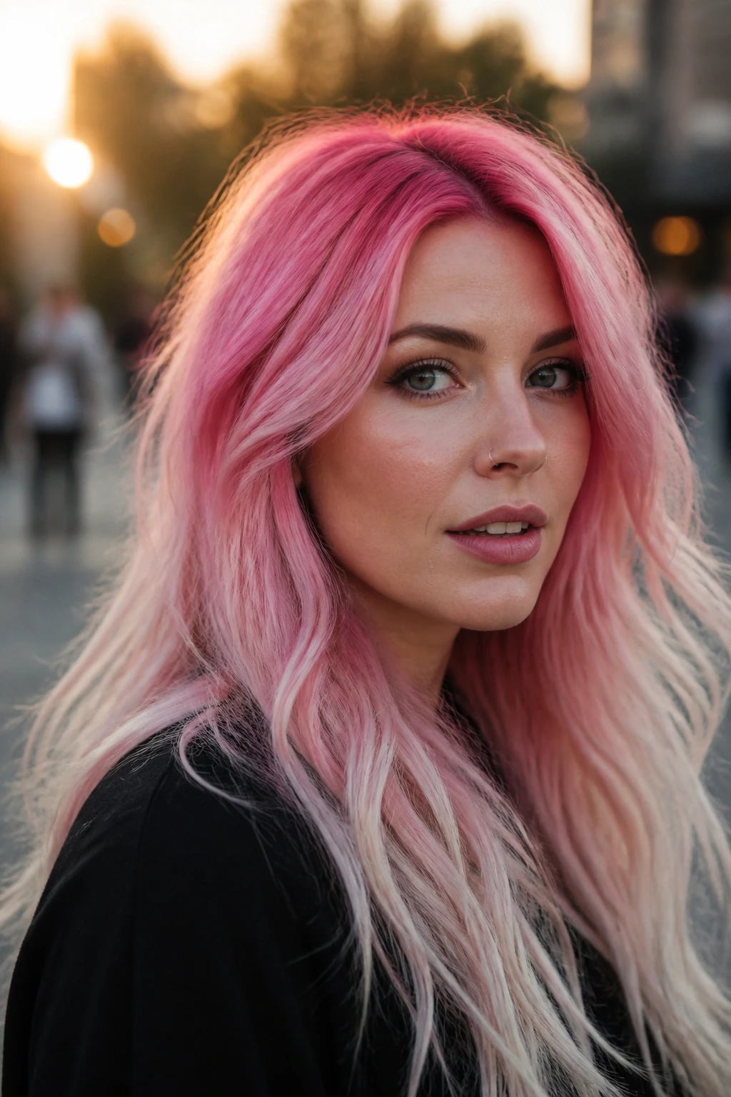 Portrait of a woman with pink near roots fading to lighter ends.