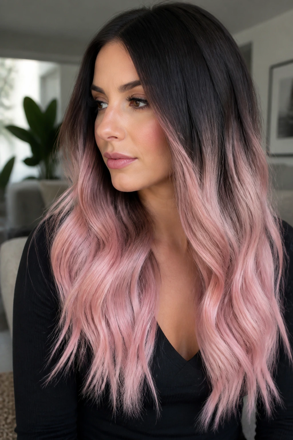 Close-up of a real woman with a reverse shadow root fading to petal pink ends on long hair.