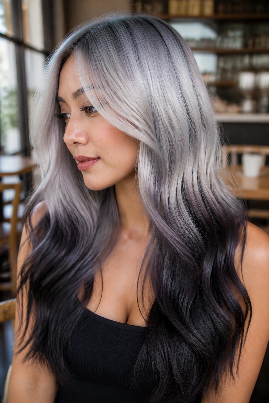 Close-up of crown-silver to dark ends ombre on real person