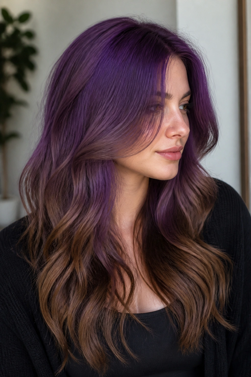 Close-up of a real woman's long hair transitioning from violet at the crown to brunette ends