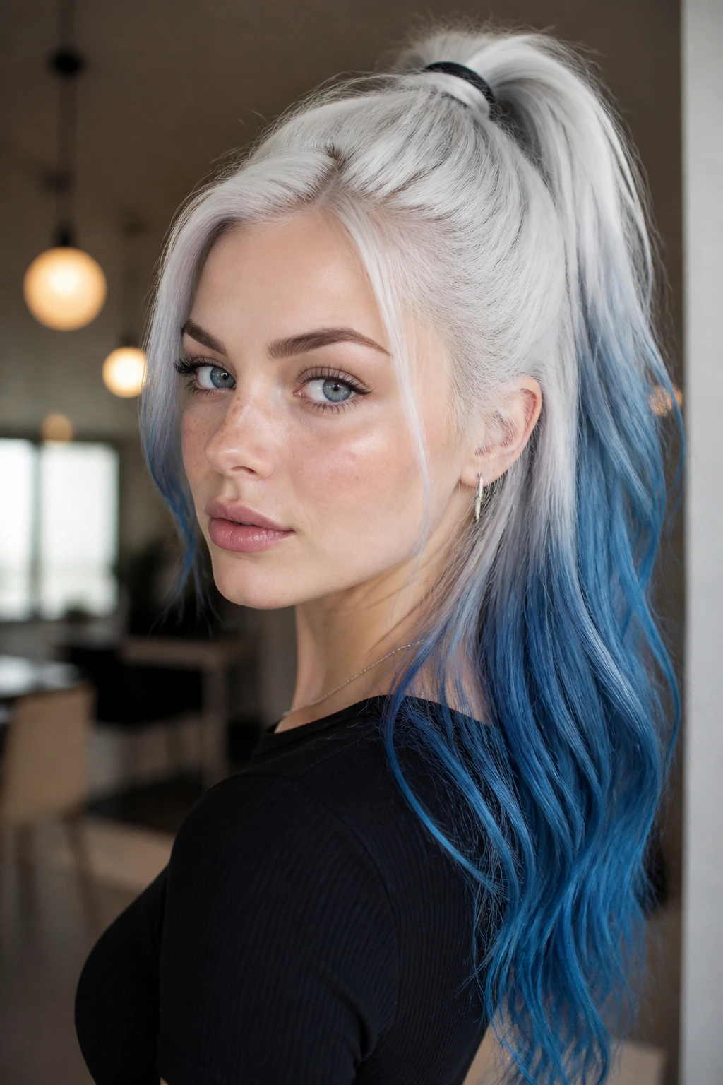 Close-up of real woman with white-to-blue ombre in a high ponytail