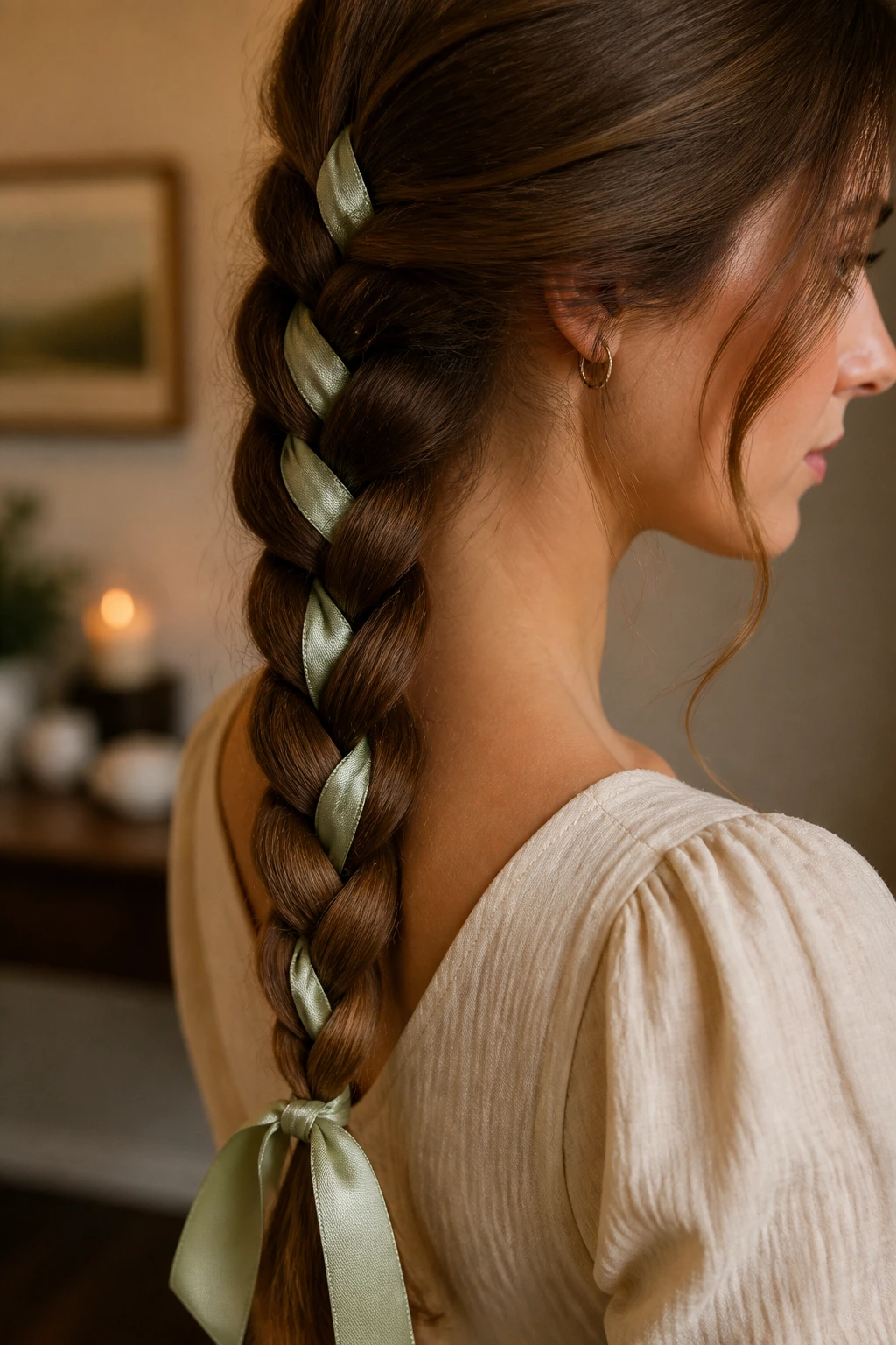 Real woman with ribbon braid woven through long hair under warm indoor light