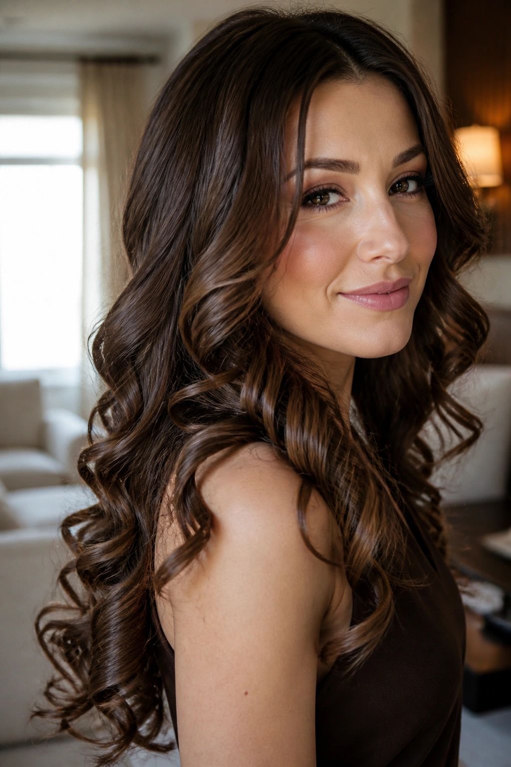 Close-up of a real woman with ribbon curl ringlets in brown hair