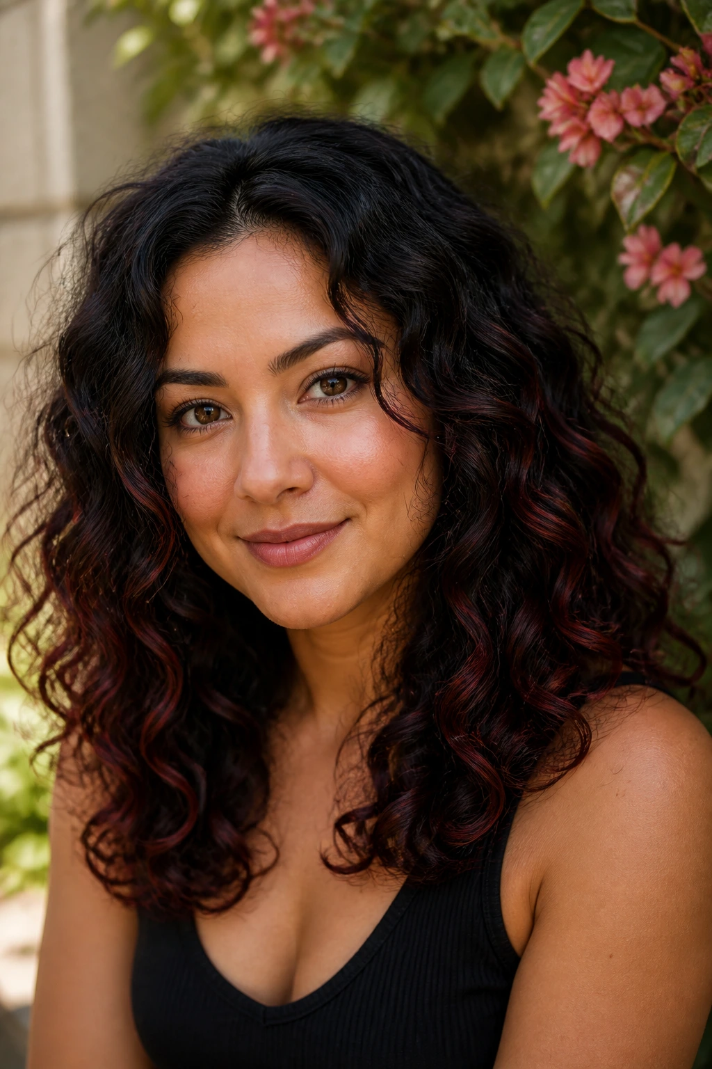 Close-up of a woman with black curls featuring thin auburn-burgundy ribbon highlights.