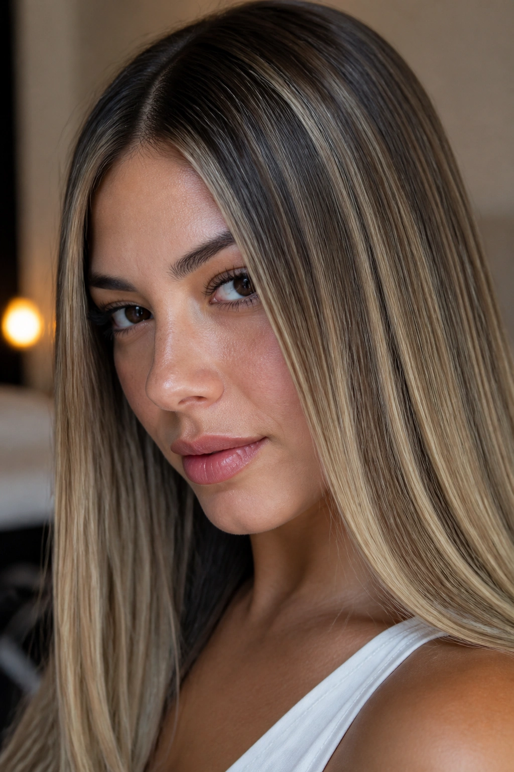 Close-up of straight hair with beige ribbon highlights creating soft movement