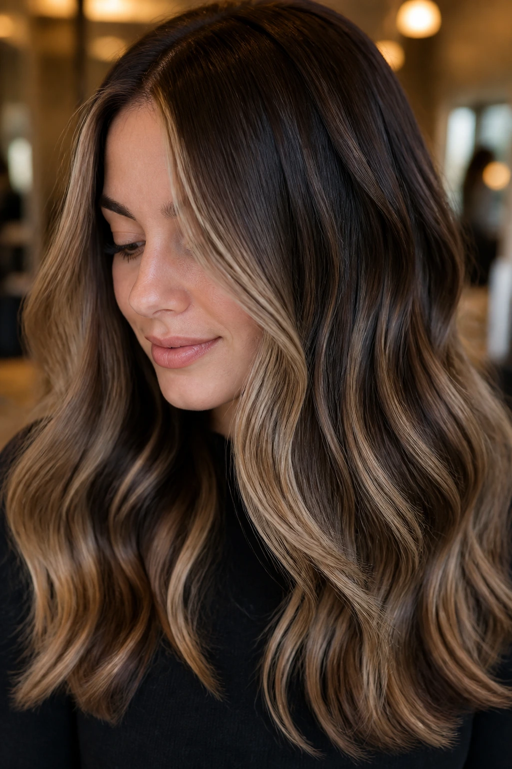 Close-up of beige honey ribbon highlights on a cool brunette base, mid-lengths and ends visible.