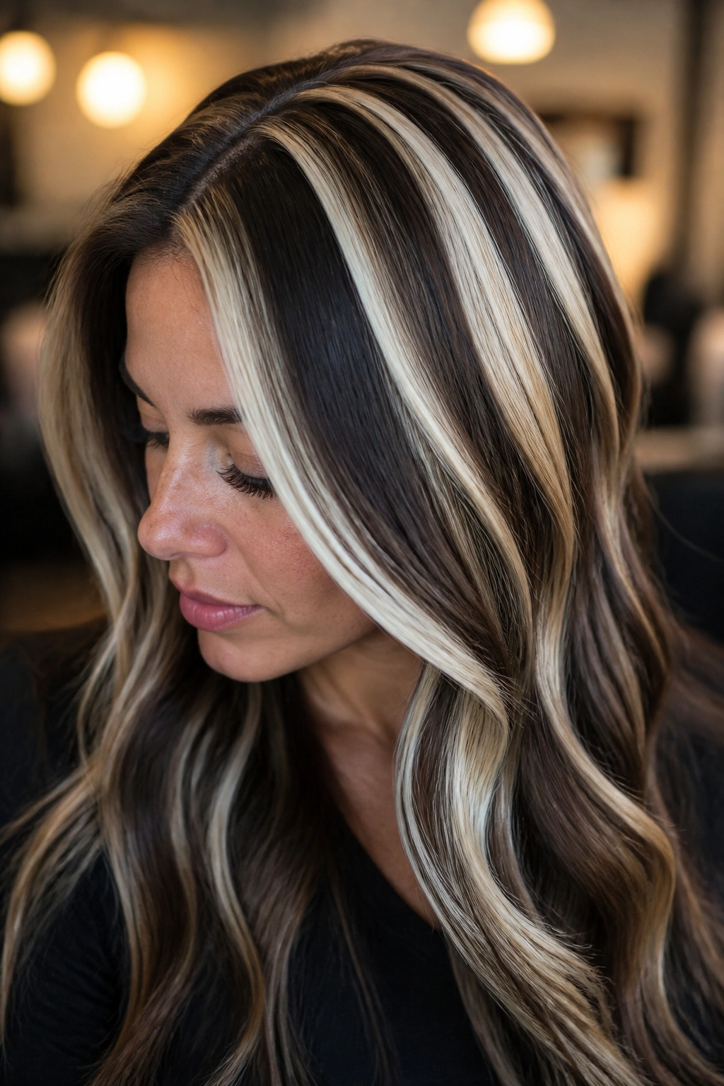 Close-up of brunette with bold platinum ribbon highlights across the crown